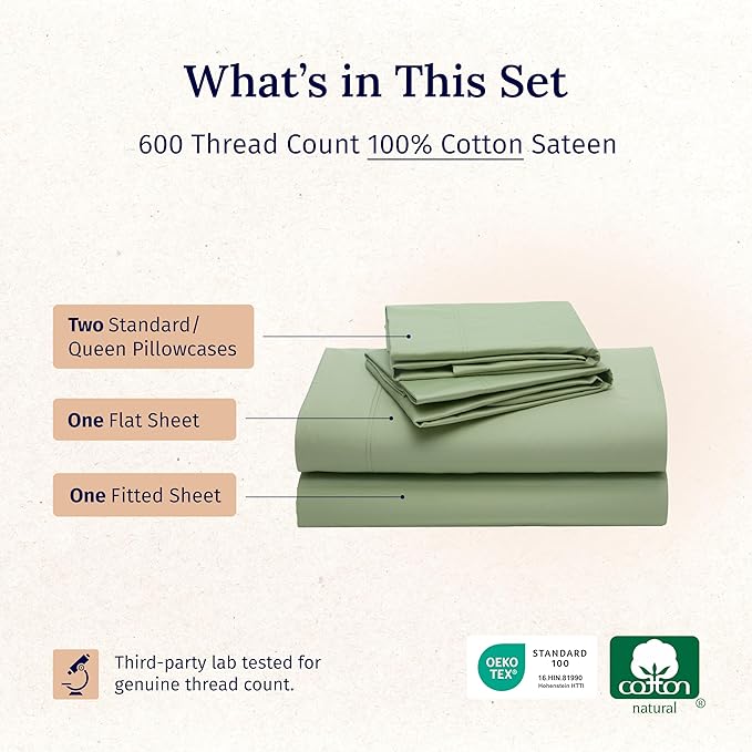 California Design Den Hotel Quality Deep Pocket Queen Sheets Set - Luxury 600 Thread Count Sateen, Natural 100% Cotton Queen Size Sheets Set, Fully Elasticized, Crisp, Cool and Durable - Laurel Green