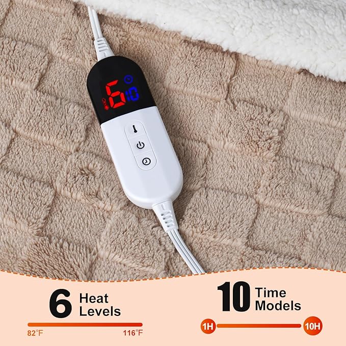 Electric Blanket, Heated Blanket with 6 Heat Levels & 10 Hours Auto Off, Soft Checked Flannel Fast Heating Blanket with ETL & FCC Certification (Khaki, 72"X84")