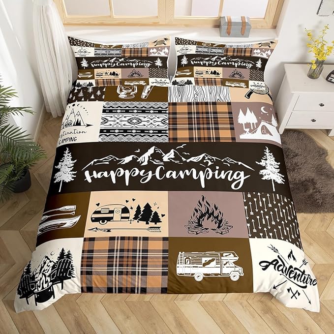 Happy Camping Bedding Set King Size for Teens,RV Camper Adventure Tent Patchwork Comforter Cover with 2 Pillowcases,Rustic Farmhouse Lake Cabin Brown Check Duvet Cover Set Microfiber Quilt Cover