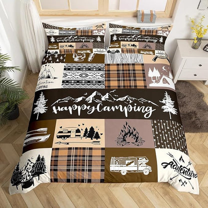 Camper Patchwork Bedding Set Twin Size,Happy Camping Cabin Hunting Adventure Comforter Cover Set for Kids Girls,Travel Trailers Decor Boho Aztec Exotic Bedding Quilt Cover Set Bedroom Decor, 2 Pcs