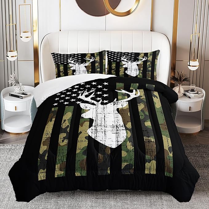 Deer Hunting Comforter Set Full Size, American Flag Bedding Set for Boys Teens, Army Green Military Camo Stripes Bedding Quilt Set Bedroom Decor 3 Pcs with 2 Pillowcase