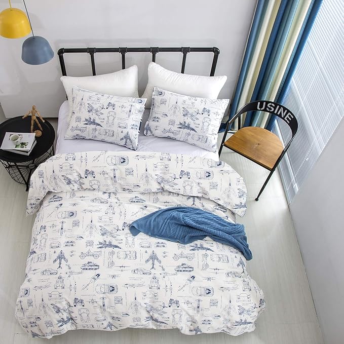 Wellboo Aircraft Comforter Sets Twin Boys Kids Plane Cartoon Bedding Comforters Cotton Toddler Children White and Blue Aviation Quilts Blue Military Cars Transport Army Blankets Adventure Dorm Bed