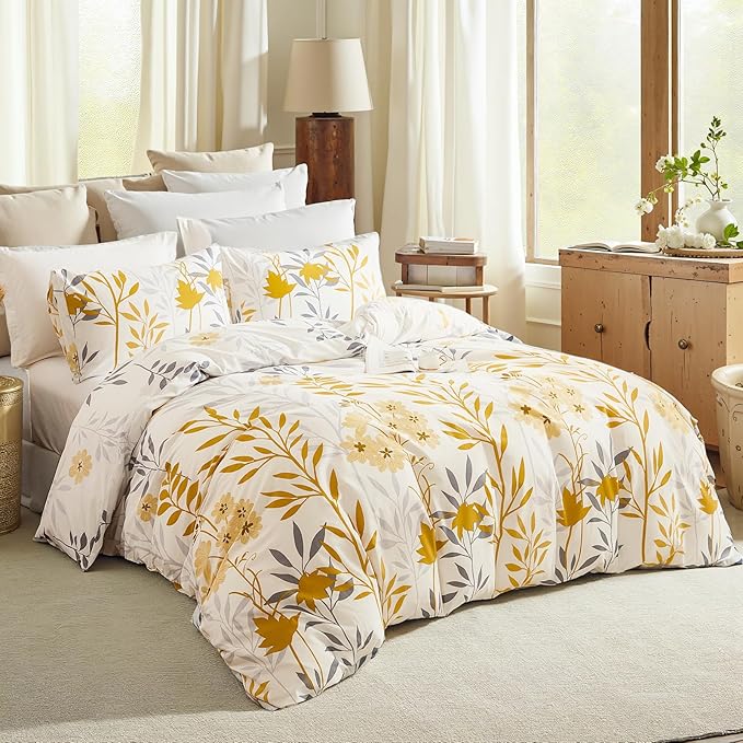100% Cotton Duvet Cover Set King Size, Yellow Floral Bedding Set 3 Pcs Reversible Lightweight Comforter Cover for All Season(King, Yellow Botanical)