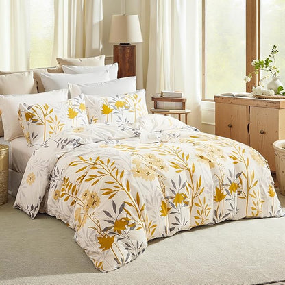 100% Cotton Duvet Cover Set King Size, Yellow Floral Bedding Set 3 Pcs Reversible Lightweight Comforter Cover for All Season(King, Yellow Botanical)