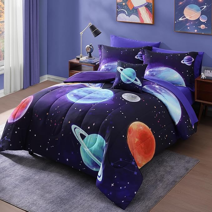 Twin Comforter Set for Boys-3 Pieces Navy Blue Space Rocket Twin Bedding Sets for Kids, 1 Comforter, 1 Sham and 1 Decor Pillow