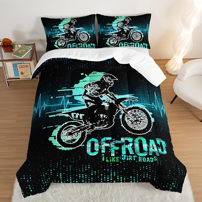 HOSIMA Extreme Sport Theme Comforter Motorcycle Full Size Bed in a Bag for Boys Kids Teens,Dirt Bike Tournment Kids Game Room Decor,Motocross Rider Black Comforter with 2 Pillowcases.