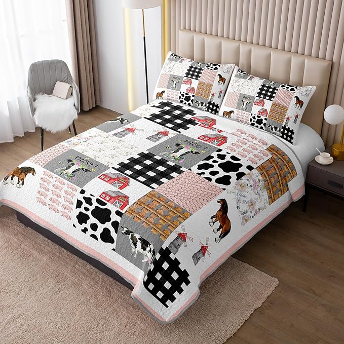 HOSIMA Farmhouse Queen Bedding Set,Plaid Patchwork Cow Bedding,Cute Cartoon Farm Animal Pig Cow Horse Pattern Quilt,Western Country Style Room Decor Aesthetic with 2 Pillowcases.