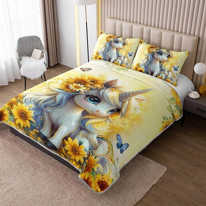 Kawaii Yellow Unicorn Flowers Quilts Bedding Full 3Pcs Tie-Dye Sunflower Butterfly Bed Set Dreamy Animal Pattern Bedspread Coverlet with 2 Pillowcases for Kid Boy Girl Teen Adult Room Decor