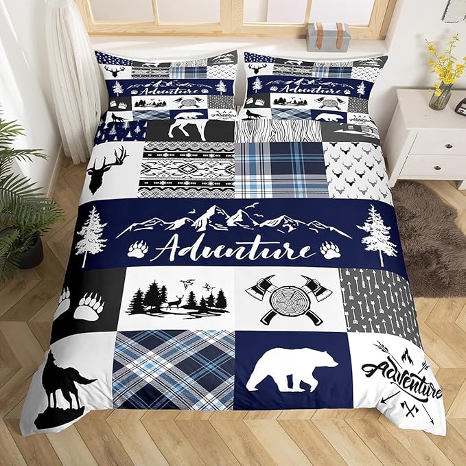 Deer Bear Bedding Set Twin Size,Rustic Farmhouse Wildlife Patchwork Blue Comforter Cover Set for Kids Girls,Camping Cabin Decor Boho Aztec Tribal Bedding Quilt Cover Set Bedroom Decor, 2 Pcs