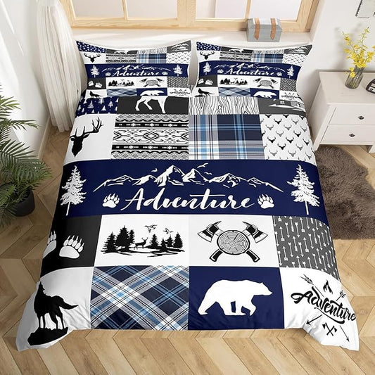 Bear Print Bedding Set King Size for Teens,Deer Antler Animals Hunting Adventure Comforter Cover with 2 Pillowcases,Pine Arrow Blue Check Plaid Vintage Duvet Cover Set Microfiber Quilt Cover