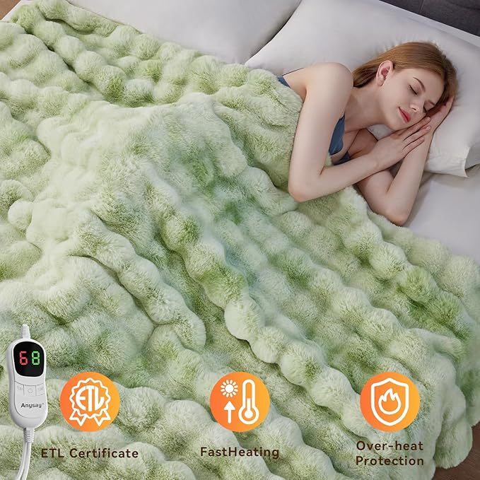 Heated Blanket Throw with 1/2/4/6/8 Hours Auto-Off 10 Heat Level, 62'' * 84'' Cozy Faux Rabbit Fur Bubble Electric Blanket with Overheat Protection(Tie-Dye Green)