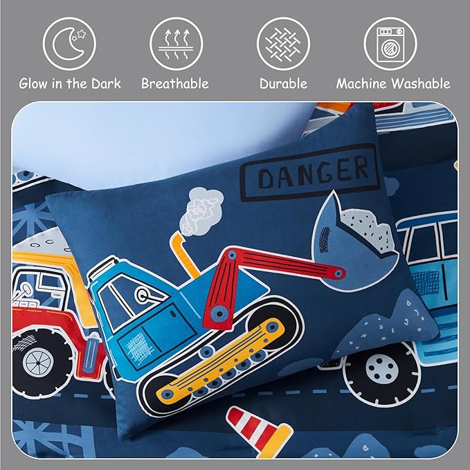 Kids Comforter Set Full Size for Boys, Glow in The Dark Truck Bedding Set 1 Comforter, 1 Decor Pillow, 2 Pillow Shams