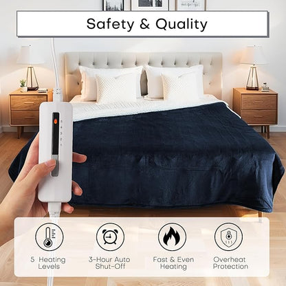 Electric Blanket Twin Size 62" x 84" Thickened Flannel and Sherpa Heated Blanket,10 Hours Timer Auto-Off,5 Heating Levels,for Bedroom Office Couch,Navy Blue