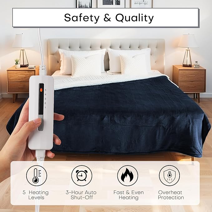 Heated Electric Blanket Throw Size 50"x60" Thickened Flannel and Sherpa Heated Blanket,3 Hours Timer Auto-Off & 5 Heating Levels,for Bedroom Office Couch-Navy Blue