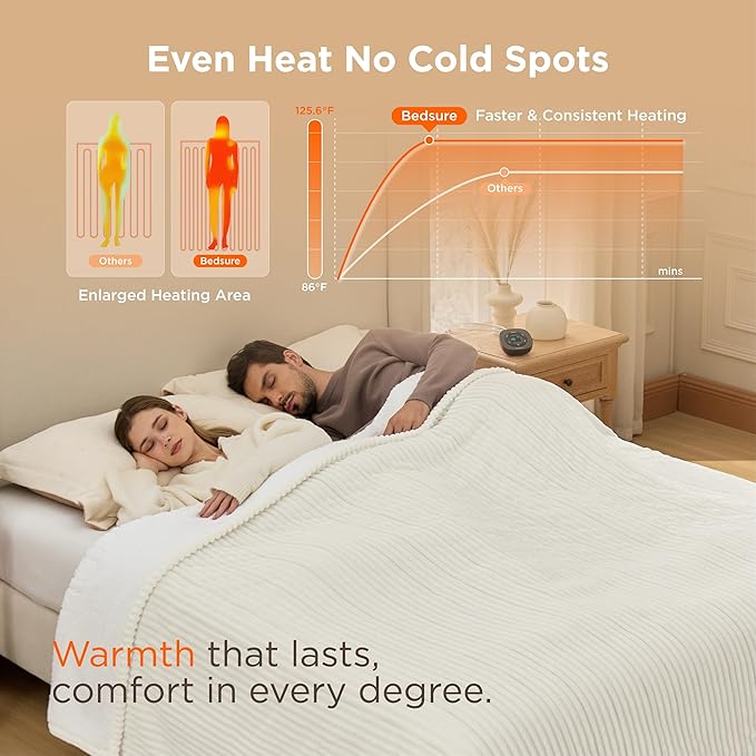 Bedsure GentleSoft Electric Blanket Queen Size - Soft Ribbed Flannel Heated Blanket with Dual Control, 10 Heat Settings, 10 Time Settings, 8 hrs Timer Auto Shut Off (84x90 inches, Coconut White)