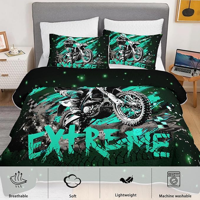 Motocross Dirt Bike Quilts Bedding Full 3Pcs Motorcycle Racer Pattern Quilt Bed Set Extreme Sport Lightweight Soft Bedspreads Coverlet with 2 Pillowcases for Kid Boy Girl Teen Adult Room Decor