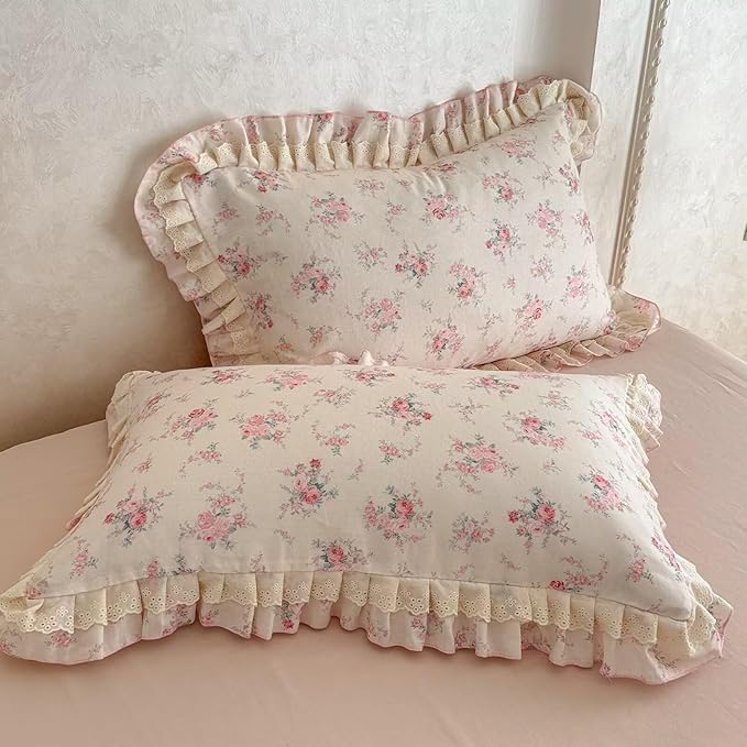BuLuTu Pink Floral Duvet Cover Set Queen Size for Kids Teens Girls, Princess Lace Ruffled Quilt Cover Chic Aesthetic Comforter Cover with Zipper, 100% Cotton Muslin Bedding Set