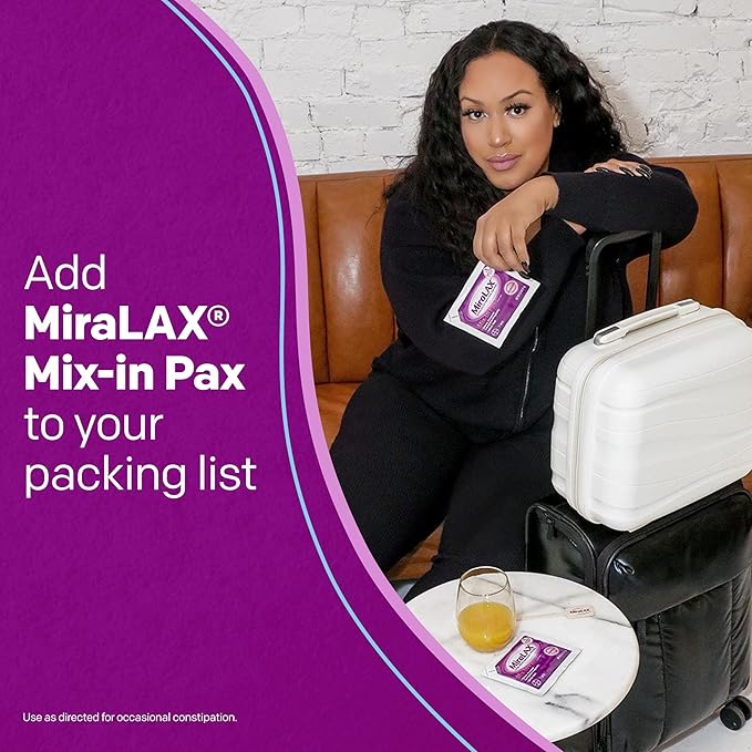 MiraLAX Gentle Constipation Relief Laxative Powder, Stool Softener with PEG 3350, No Harsh Side Effects, Single Dose Mix-In Pax with Mixing Stirrers, Travel Pack, 10 Dose