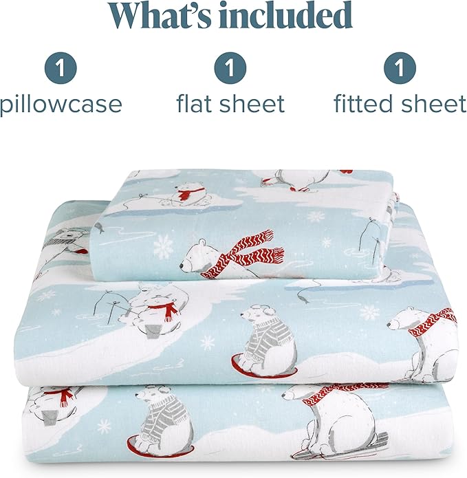 Bare Home Cotton Flannel Sheet Set Prints, 100% Cotton, Velvety Soft Heavyweight - Double Brushed for Softness & Comfort - Deep Pocket - Bed Sheets - Cotton - Flannel - Printed (Twin XL, Polar Bears)