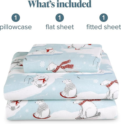 Bare Home Cotton Flannel Sheet Set Prints, 100% Cotton, Velvety Soft Heavyweight - Double Brushed for Softness & Comfort - Deep Pocket - Bed Sheets - Cotton - Flannel - Printed (Twin XL, Polar Bears)