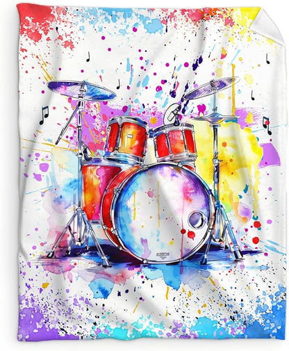 Music Blanket for Kids Teens Adults, 60x80 Inches Drum Kit Throw Blanket Gifts for Music Enthusiast Drummer Boys Girls, Cute Soft Fuzzy Flannel Music Themed Blanket Decor for Couch Sofa Bed