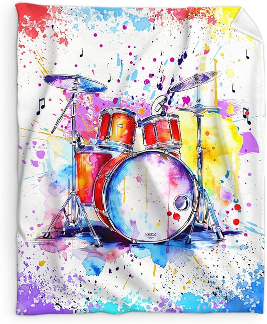 Music Blanket for Kids Teens Adults, 50x60 Inches Drum Kit Throw Blanket Gifts for Music Enthusiast Drummer Boys Girls, Cute Soft Fuzzy Flannel Music Themed Blanket Decor for Couch Sofa Bed