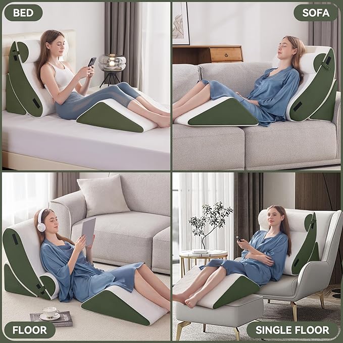 Wedge Pillow Set for After Surgery, 4 PCS Bed Wedge Pillow for Sleeping, Memory Foam Orthopedic Back Pillow for Pain Relief and Acid Reflux, Adjustable Post Surgery Pillow Green