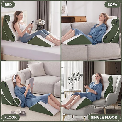 Wedge Pillow Set for After Surgery, 4 PCS Bed Wedge Pillow for Sleeping, Memory Foam Orthopedic Back Pillow for Pain Relief and Acid Reflux, Adjustable Post Surgery Pillow Green