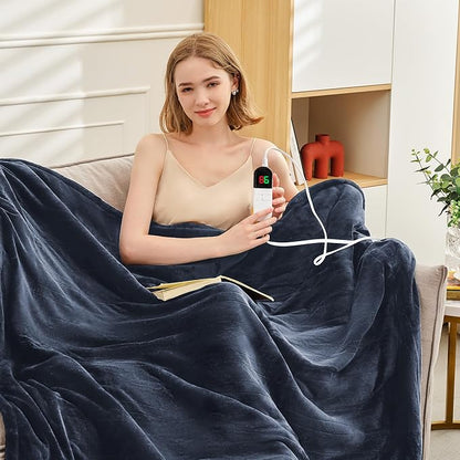 Heated Blanket King 90"×100" - Premium Cosy Soft Electric Blanket with 6 Heating Levels,Dual Control Fast Heating Flannel Sherpa Blanket for Bed & Couch,Auto Shut Off/Machine Washable (Navy Blue)