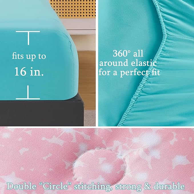 URBONUR 6Pcs Queen Comforter Set for Girls Multicolor Gradient Glitter Tie Dye Pink Blue Bedding Set with Sheets, Soft Fluffy All Season Kids Teen Bed in A Bag