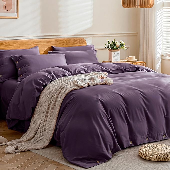 JELLYMONI Cotton Duvet Cover King Size - Purple Comforter Cover with Button 100% Washed Cotton 3PCS Breathable Soft Solid Bedding Set Duvet Cover 104×90in & 2 Pillowcases (NO Comforter)