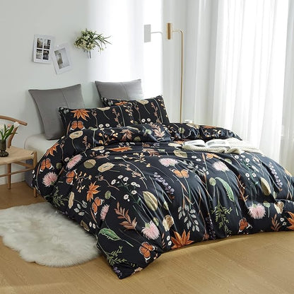 Floral Duvet Cover California King Size Black Duvet Cover Set with Pink Floral Colorful Botanical Yellow Butterfly 3D Printed Comforter Cover 3 Pcs Soft Microfiber Bedding Set with Zipper Ties