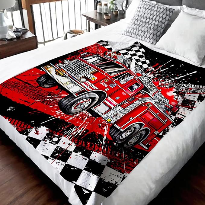 Boys Blanket Gifts Fire Truck Blankets for Kids Teens Adults - 60" x 80" Cool Car Themed Soft Lightweight Flannel Throws for Couch, Sofa, Bed, Bedroom Decor