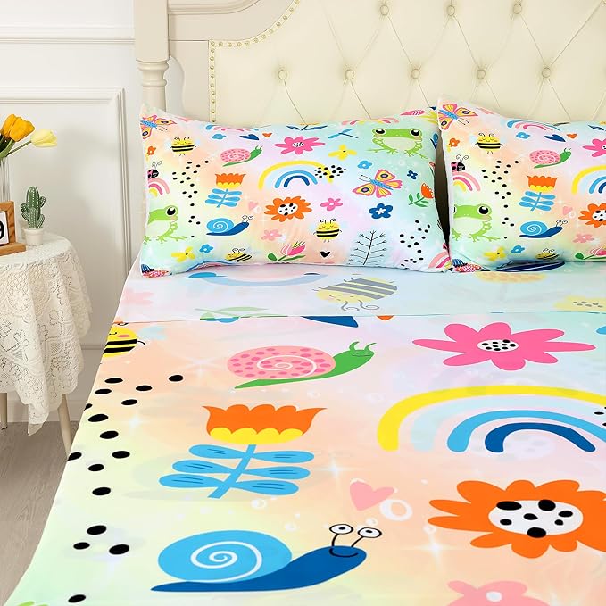 Rainbow Frogs Fitted Sheet Sets,Cartoon Floral Kids Bedding Twin Size for Girls Teens Adults Bedroom Bed, Kawaii Sheets Bedspread Set,1 Flat Sheet 1 Fitted Sheet 1 Pillowcase