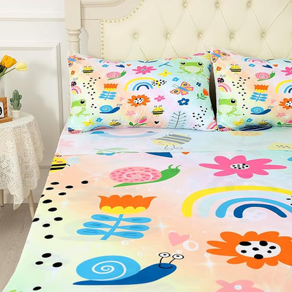 Cute Frogs Sheet Sets,Rainbow Butterflies Kids Bedding Full Size for Girls Teens Adults Bedroom Bed, Cartoon Sheets Bedspread Set,1 Flat Sheet 1 Fitted Sheet 2 Pillowcases