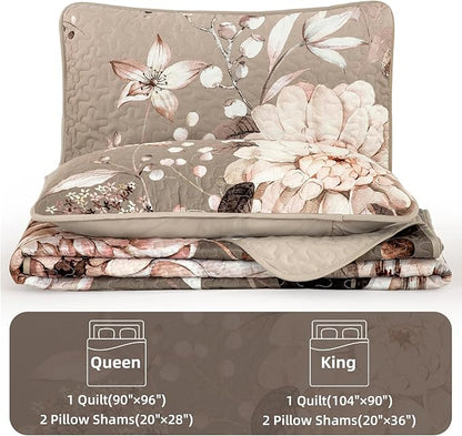 Drucon Floral Quilt King Size - 3 Pieces Brown Quilt Botanical Bedspread Soft Lightweight Flower Bedding Set for All Season (104"x90")