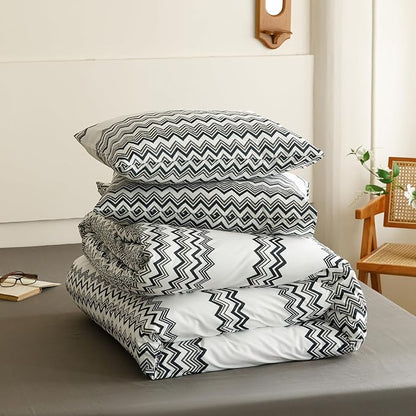 Wellboo Boho Striped Comforter Set Queen Aztec Southwest Bedding Set Women Men Bohemian White Black Geometric Quilt Farmhouse Striped Aztec Folkloric Blankets Wavy Art Comforters