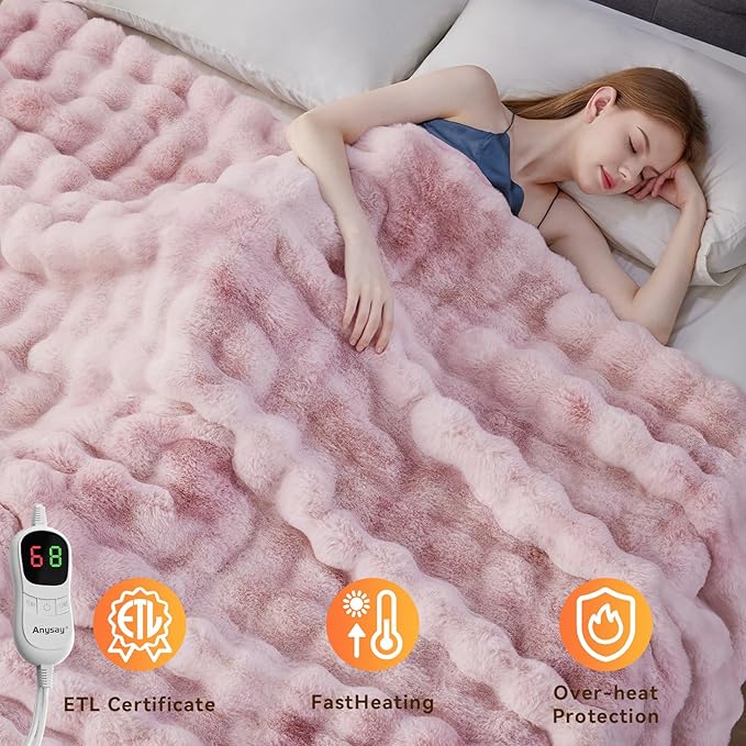 Heated Blanket Throw with 1/2/4/6/8 Hours Auto-Off 10 Heat Level, 72'' * 84'' Cozy Faux Rabbit Fur Bubble Electric Blanket with Overheat Protection(Tie-Dye Pink)