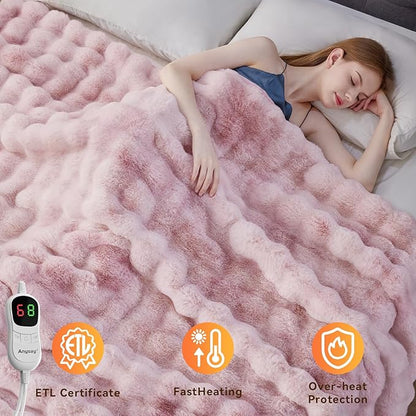 Heated Blanket Throw with 1/2/4/6/8 Hours Auto-Off 10 Heat Level, 72'' * 84'' Cozy Faux Rabbit Fur Bubble Electric Blanket with Overheat Protection(Tie-Dye Pink)