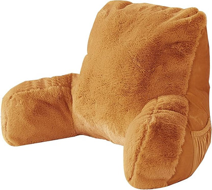 Plush Faux Fur Backrest Reading Bed Rest Pillow with Arms and Pockets for Sitting in Bed Couch Sofa, Back Support Wedge Cushion with Removable Cover, 20" x 18" x 17", Burnt Orange