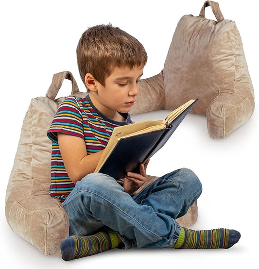 Cheer Collection Reading Pillow with Arms – Portable Bed Pillow for Sitting Up & Support, Foam-Filled Back Rest Pillow for Sitting in Bed & Couch, Machine Washable, Taupe