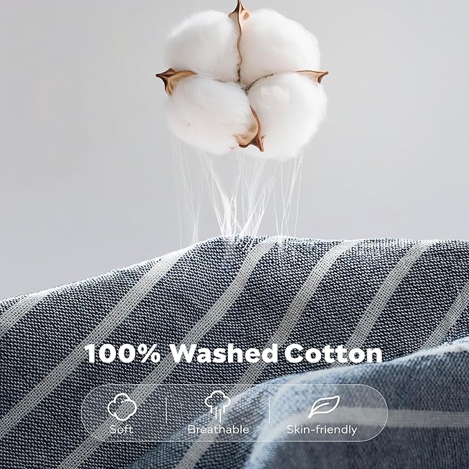 JELLYMONI Cotton Duvet Cover Queen Size - Blue Vertical Pinstriped Comforter Cover with Button 100% Washed Cotton 3PCS Breathable Soft Solid Bedding Set Duvet Cover 90×90in & 2 Pillowcases
