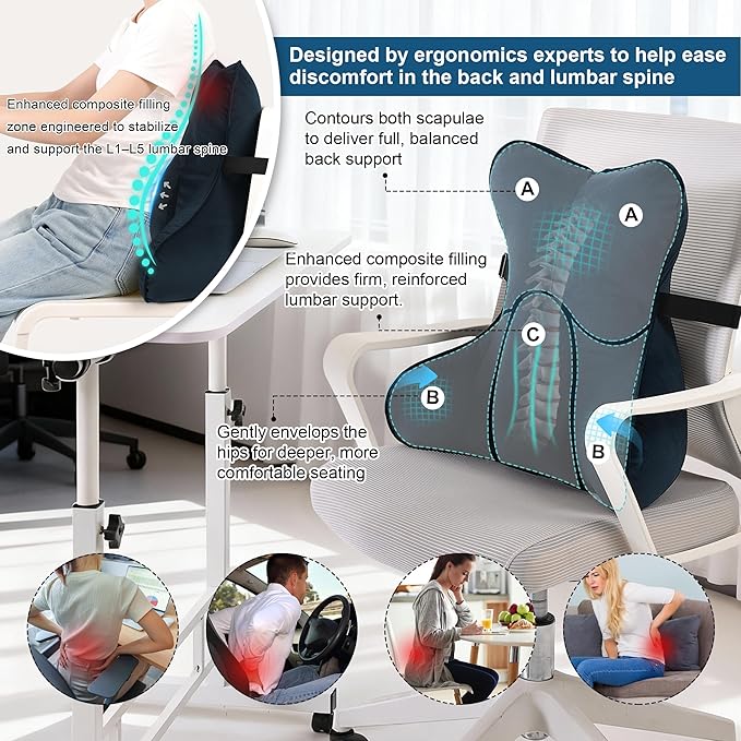 Lumbar Support Pillow – Multi-Functional Ergonomic Back Cushion for Office Chair, Car Seat & Sofa, Reading Pillow with Firm Multi-Zone Support to Relieve Lower Back Pain,Teal Blue