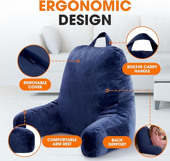 Cheer Collection Reading Pillow with Arms – Portable Bed Pillow for Sitting Up & Support, Foam-Filled Back Rest Pillow for Sitting in Bed & Couch, Machine Washable Navy Blue (Large)