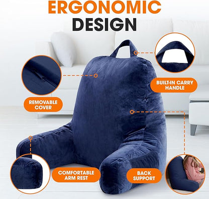 Cheer Collection Reading Pillow with Arms – Portable Bed Pillow for Sitting Up & Support, Foam-Filled Back Rest Pillow for Sitting in Bed & Couch, Machine Washable Navy Blue (Large)