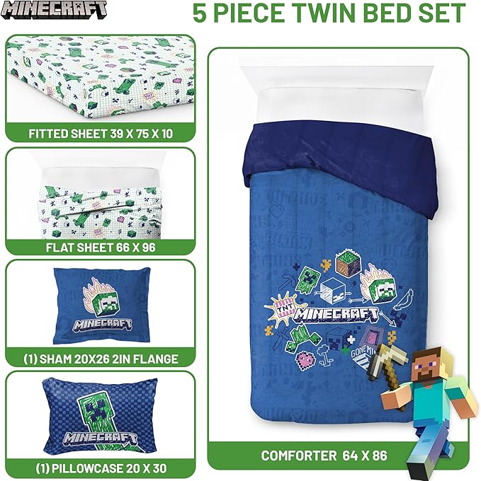 Jay Franco Kids Comforter Set Includes Sheets and Pillow Covers - Soft and Cozy Bed Set for Stylish Room Decor, Blue - Minecraft 02, 5 Piece Twin Bedding
