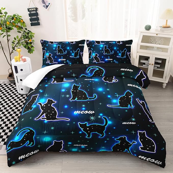 Kawaii Pet Cat Comforter 3Pcs Full Gradient Line Cute Kitten Animal Bedding Set for Kids Teens Girls Boys Cat Glitter Polka Dots Pattern Quilt Bed Decor with 1 Comforter and 2 Pillowcases