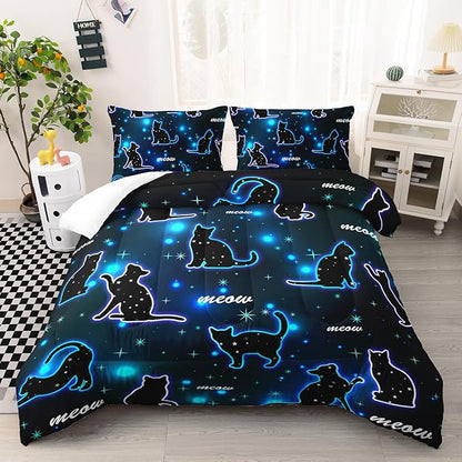 Kawaii Pet Cat Comforter 3Pcs Full Gradient Line Cute Kitten Animal Bedding Set for Kids Teens Girls Boys Cat Glitter Polka Dots Pattern Quilt Bed Decor with 1 Comforter and 2 Pillowcases