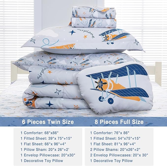 Mooreeke Full Size Comforter Sets for Boys Kids, 8 Pieces Bed in a Bag Grey Glider Bedding Comforter Sheet Set with Shams and Decorative Toy Pillow, Ultral Soft Microfiber Kids Bed Set