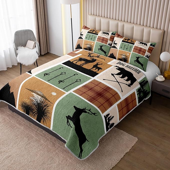 QOOMO Hunting Quilt Set Full/Queen Size,Rustic Bedspread Coverlet Set,Deer 3Pcs Bedding Set Printed Quilt with 2 Pillowcases,Soft and Lightweight,for All Seasons